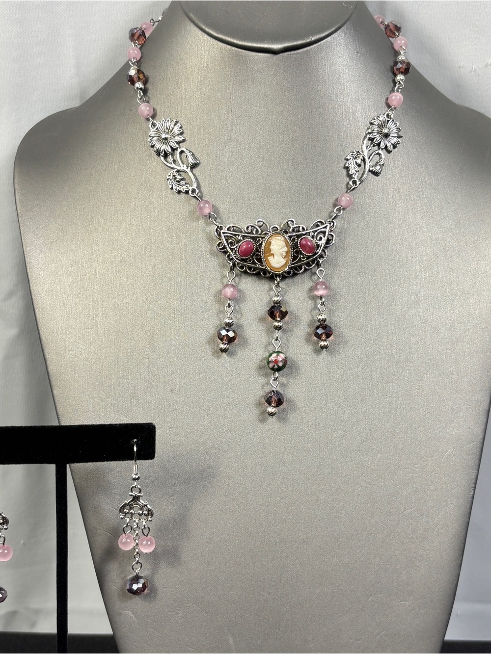 Necklace & Earrings Set Handmade Upcycle Pink Purple Silvertone Cameo Cloisonne'